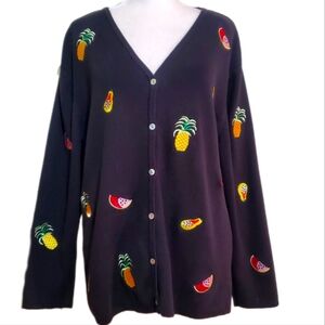 Sarah Spencer Woman Vtg cotton black fruit embroidered knit cardigan sweater 1X